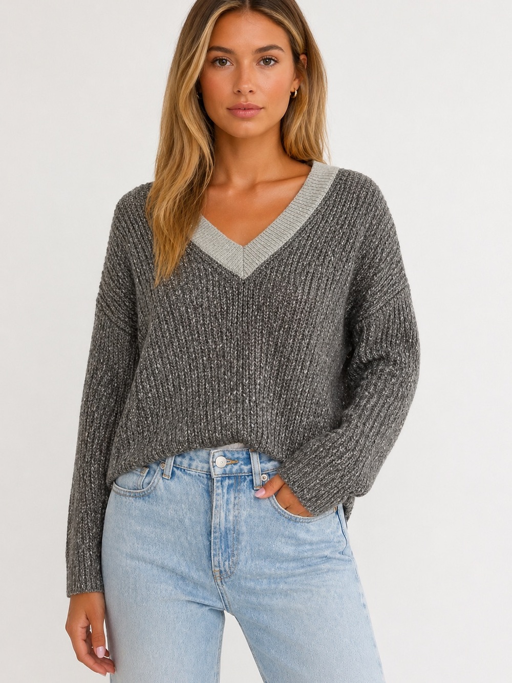 STITCHES + STRIPES V-Neck Cropped Knit Sweater Gray Size S NWT Chunky Soft